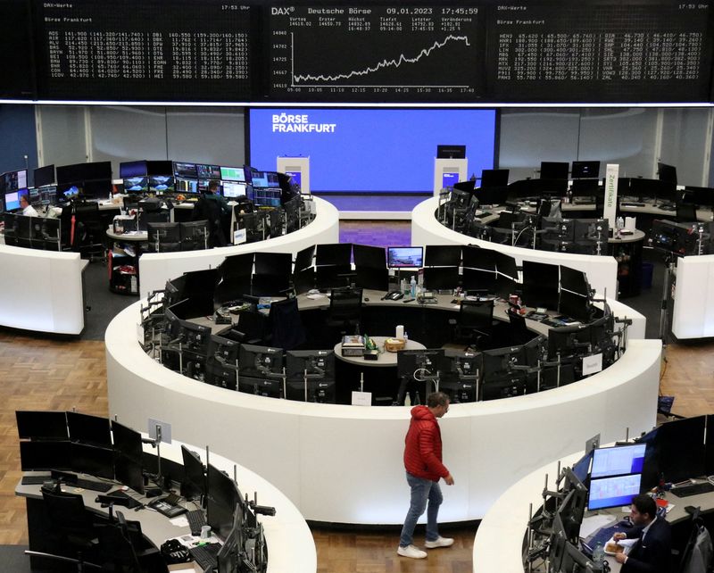 FILE PHOTO: The DAX German stock price index chart is displayed on the stock exchange in Frankfurt, Germany.  January 9, 2023. REUTERS/Staff