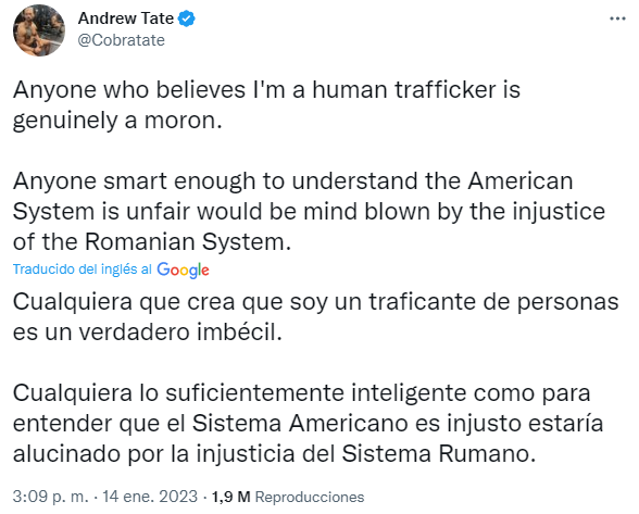 Tuit publicado en el perfil de Andrew Tate tras la redada policial