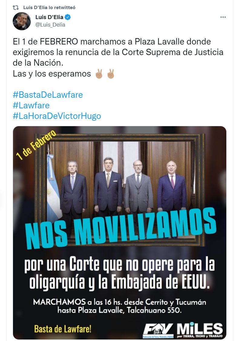El tuit de Luis D'Elía convocando a la marcha contra los jueces de la Corte