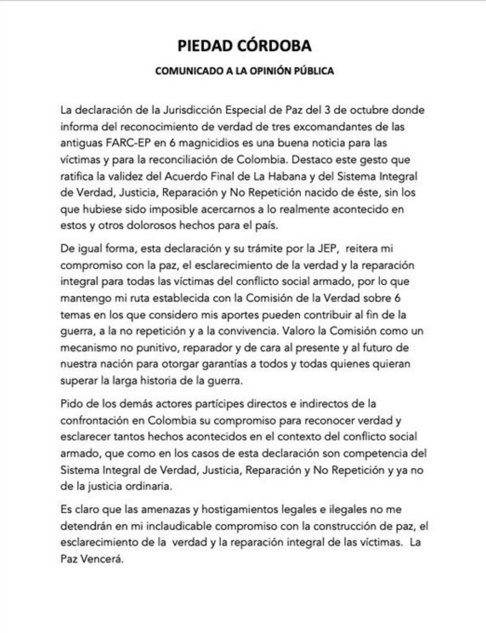 Comunicado publicado por la ex senadora Piedad Córdoba a través de su cuenta de twitter, este 4 de octubre.