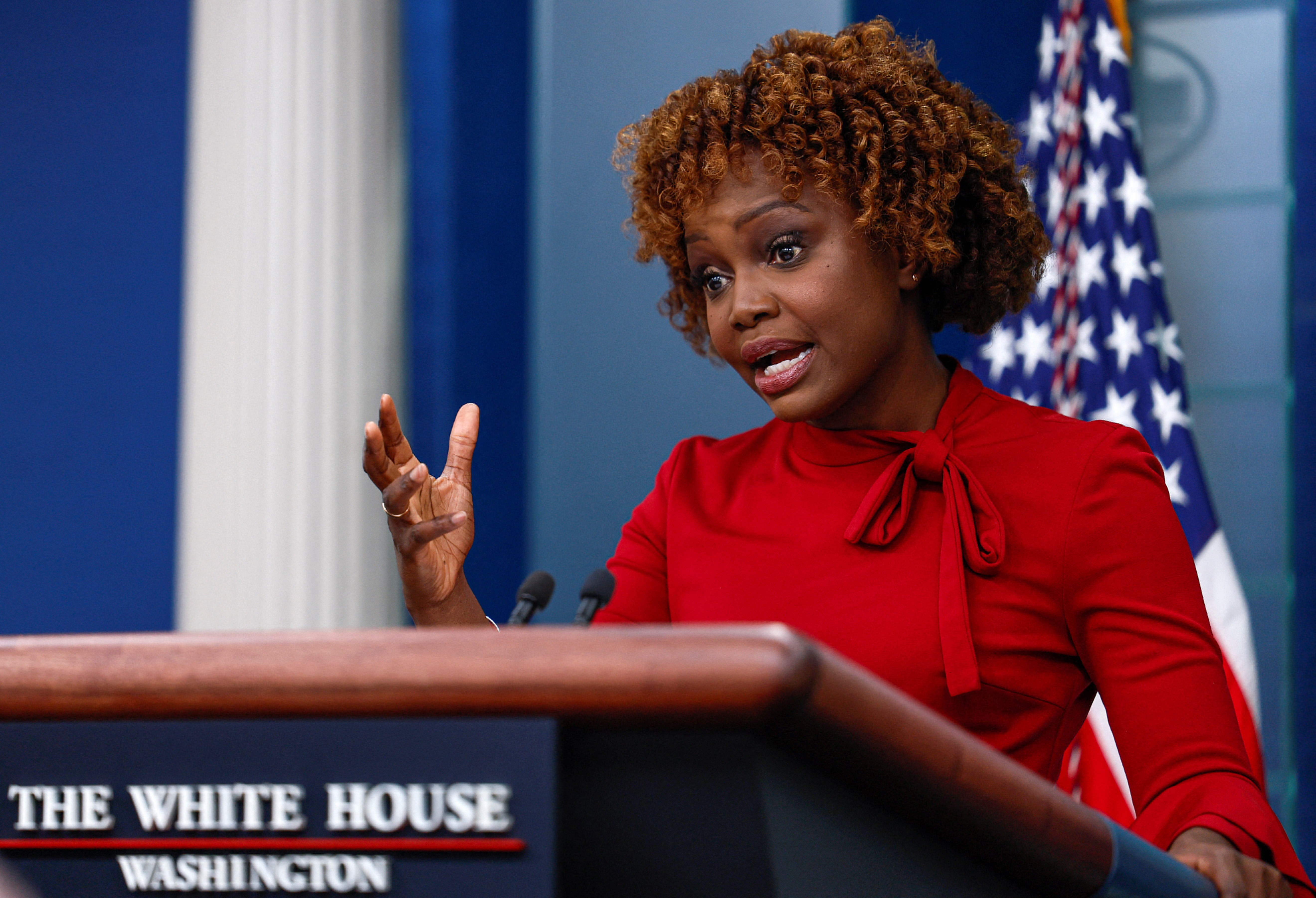 Press Secretary Karine Jean-Pierre holds the daily press briefing at the White House in Washington, U.S., September 23, 2022. REUTERS/Evelyn Hockstein