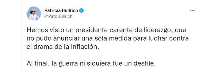 La publicación de Patricia Bullrich tras el discurso de Alberto Fernández