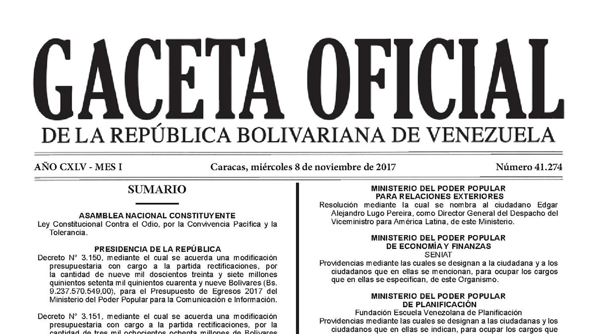 Gaceta de la "ley contra el odio" en Venezuela