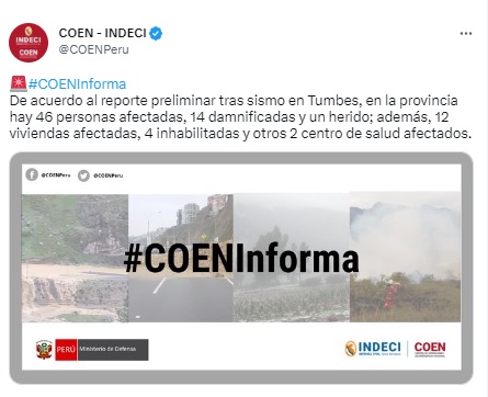 Reporte del COEN sobre personas Damificadas por movimiento sísmico en Tumbes.