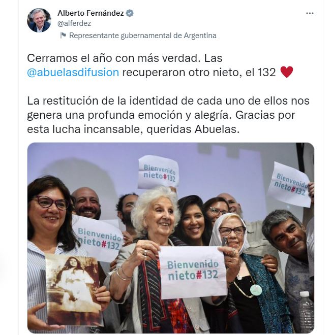 El tuit de Alberto Fernández sobre la restitución del nieto 132