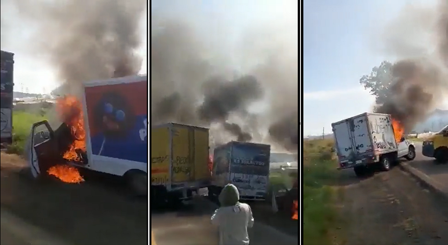 Presumed normalistas set fire to several vehicles on the highway in Michoacán (Photo: Screenshot/Twitter/@Jana_Ortega)