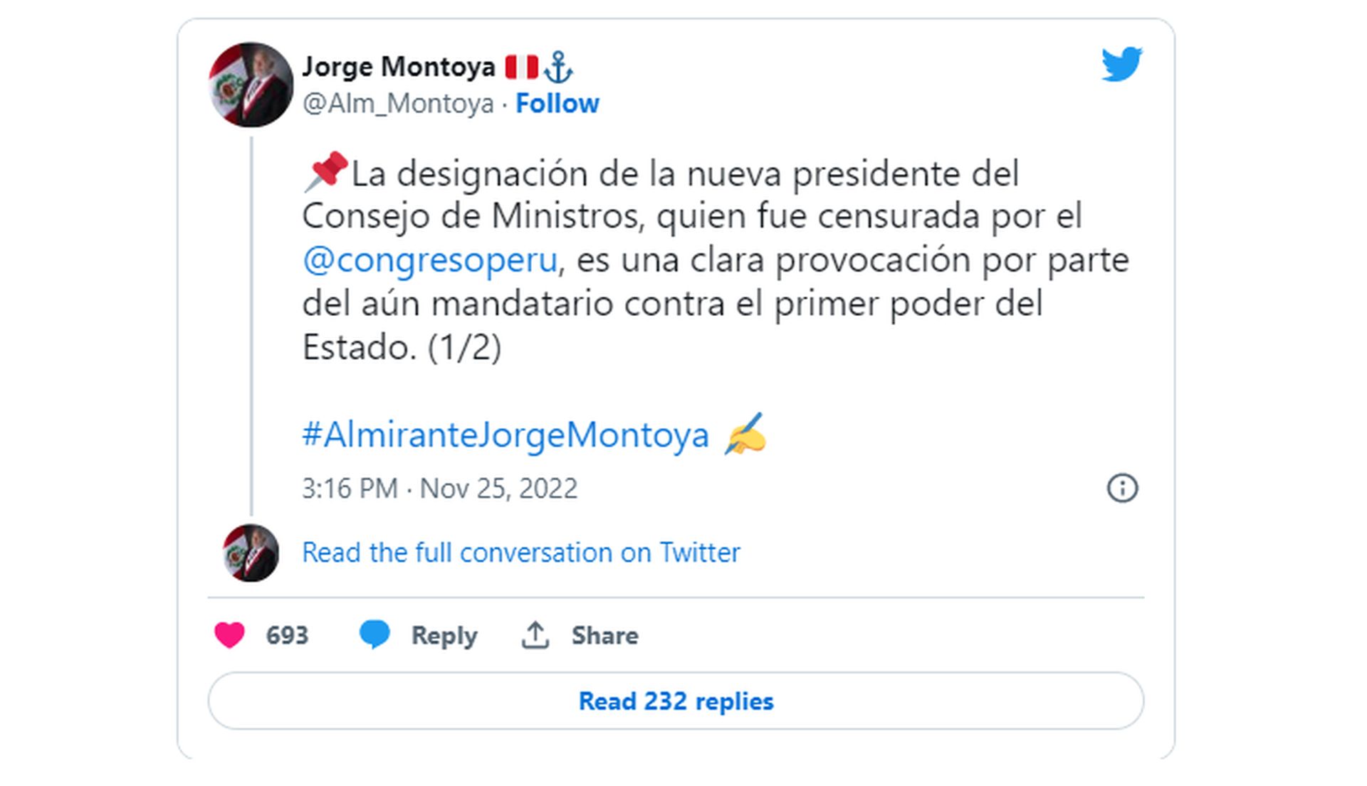 Tuit de Jorge Montoya