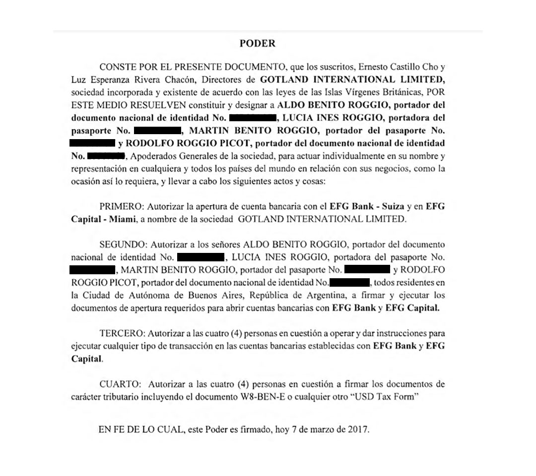 Poder en favor de los Roggio para operar las cuentas bancarias a nombre de Gotland International Ltd
