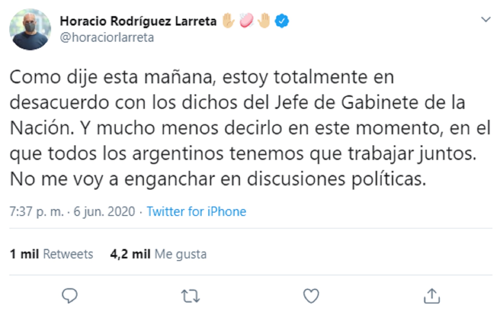 El tuit de Horacio Rodríguez Larreta en respuesta a la frase de Cafiero