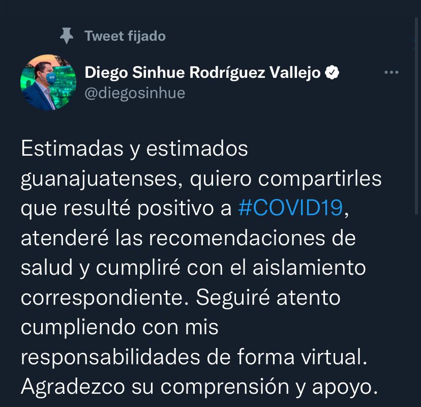 Por medio de un mensaje en Twitter, Diego Sinhue, gobernador de Guanajuato, dio a conocer que está contagiado de Covid-19