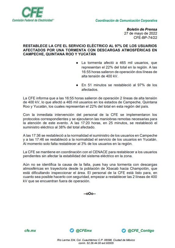 This was the official statement from the CFE (Photo: Twitter/@CFEmx)