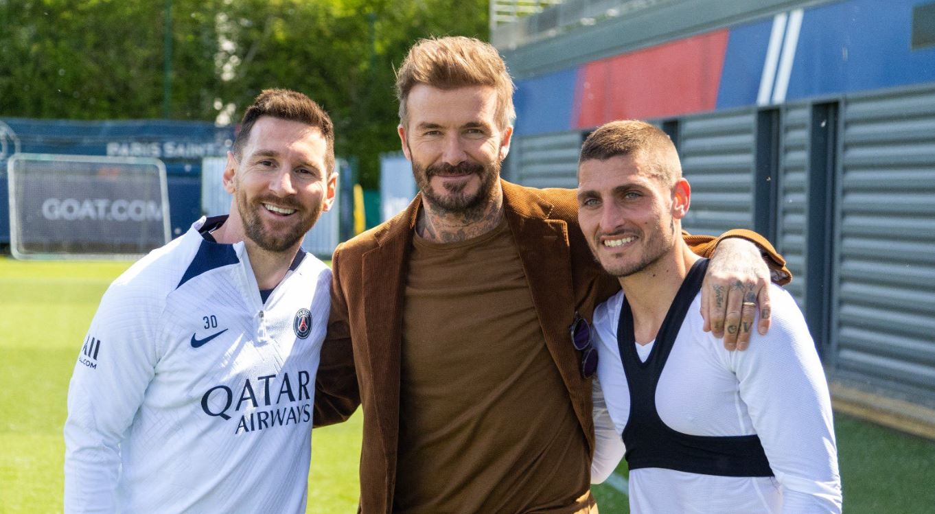 Lionel Messi con David Beckham y Marco Verratti semanas atrás en un entrenamiento de PSG
