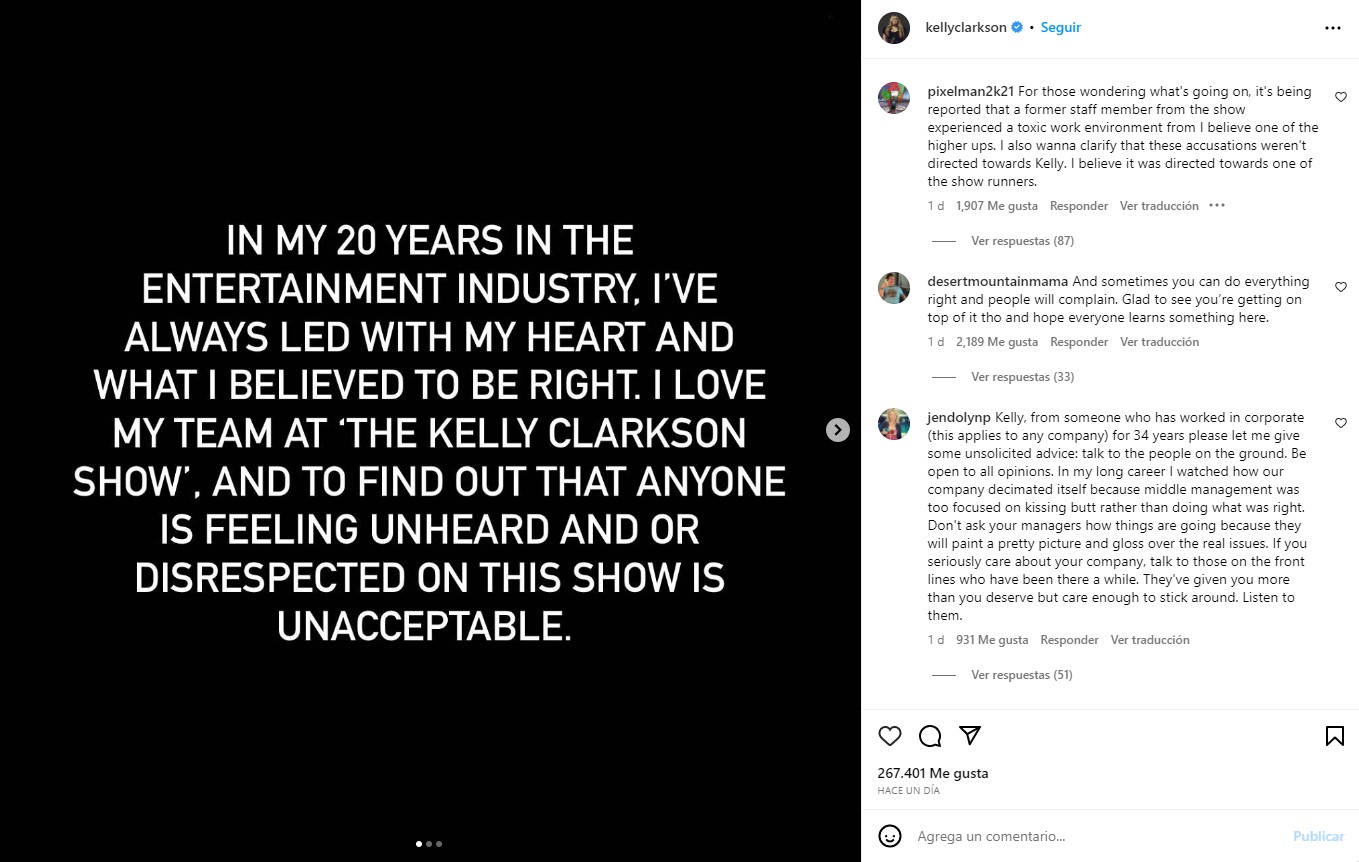 Kelly Clarkson se pronunció en Instagram ante las denuncias de los trabajadores y definió como "inaceptable" lo que han tenido que vivir
Foto: Instagram/kellyclarkson