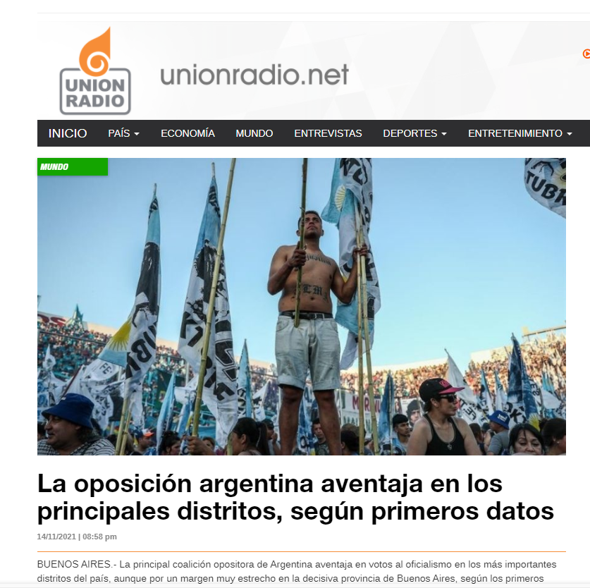 El sitio web del medio venezolano de Unión Radio Noticias reflejó los resultados de las elecciones en Argentina 