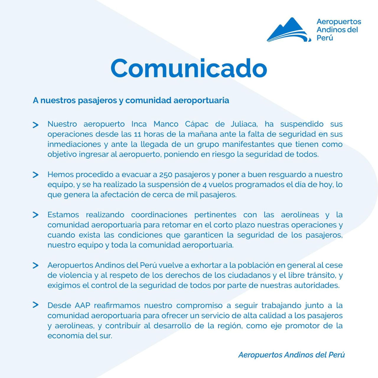 Comunicado de Aeropuertos Andinos del Perú sobre el cierre del aeropuerto de Juliaca