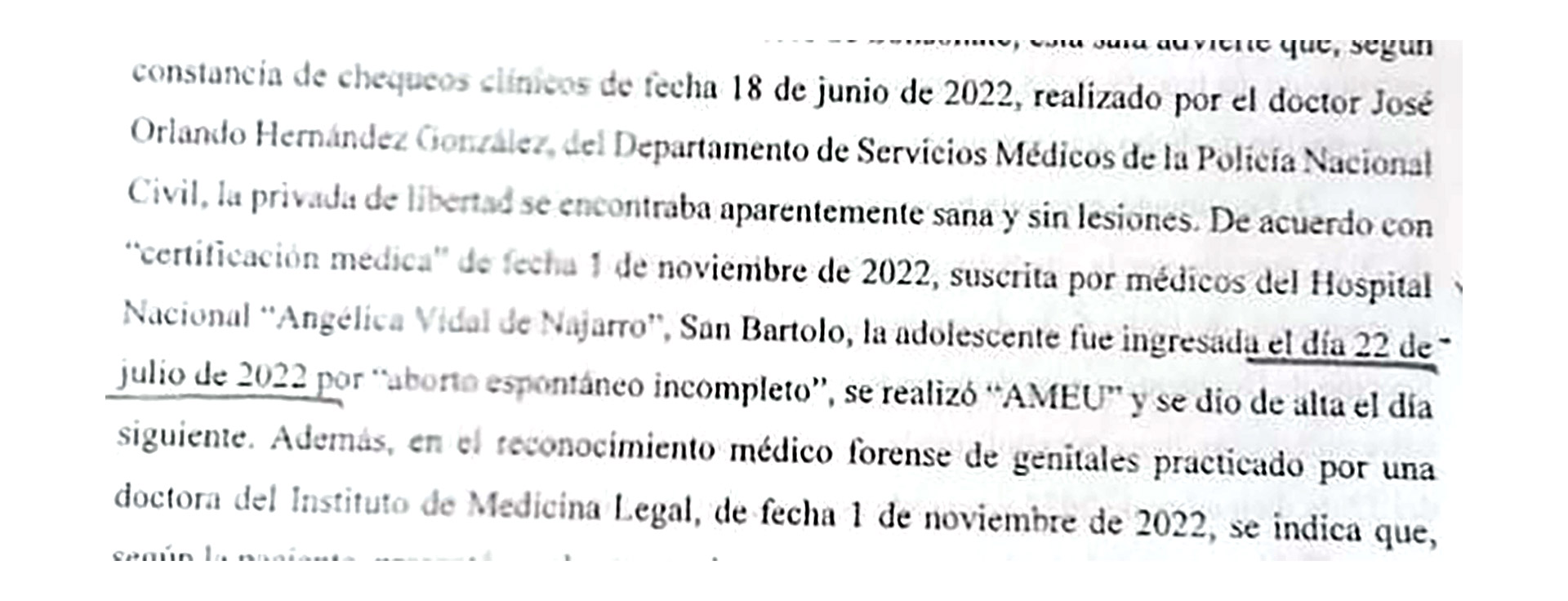 Aborto Karla García Cáceres. Documento del Supremo salvadoreño en el que consta que la joven Karla Raquel García Cáceres le practicaron un legrado en julio de 2022, un mes de haber sido arrestada por la policía de Nayib Bukele.