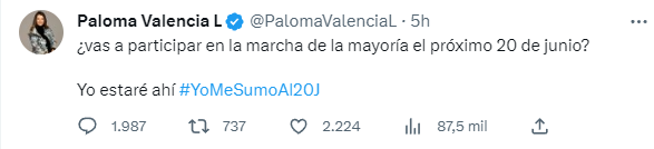 La senadora no ha dudado en ningún minuto en apoyar el llamado a la marcha y así lo dejó ver en sus redes sociales. Twitter/@PalomaValenciaL.