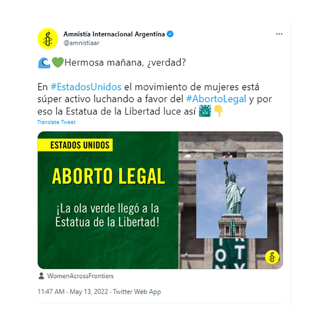 La ola verde llegó a la Estatua de la Libertad en reclamo de aborto legal, seguro y gratuito, según un tuit publicado por Amnistía Internacional
