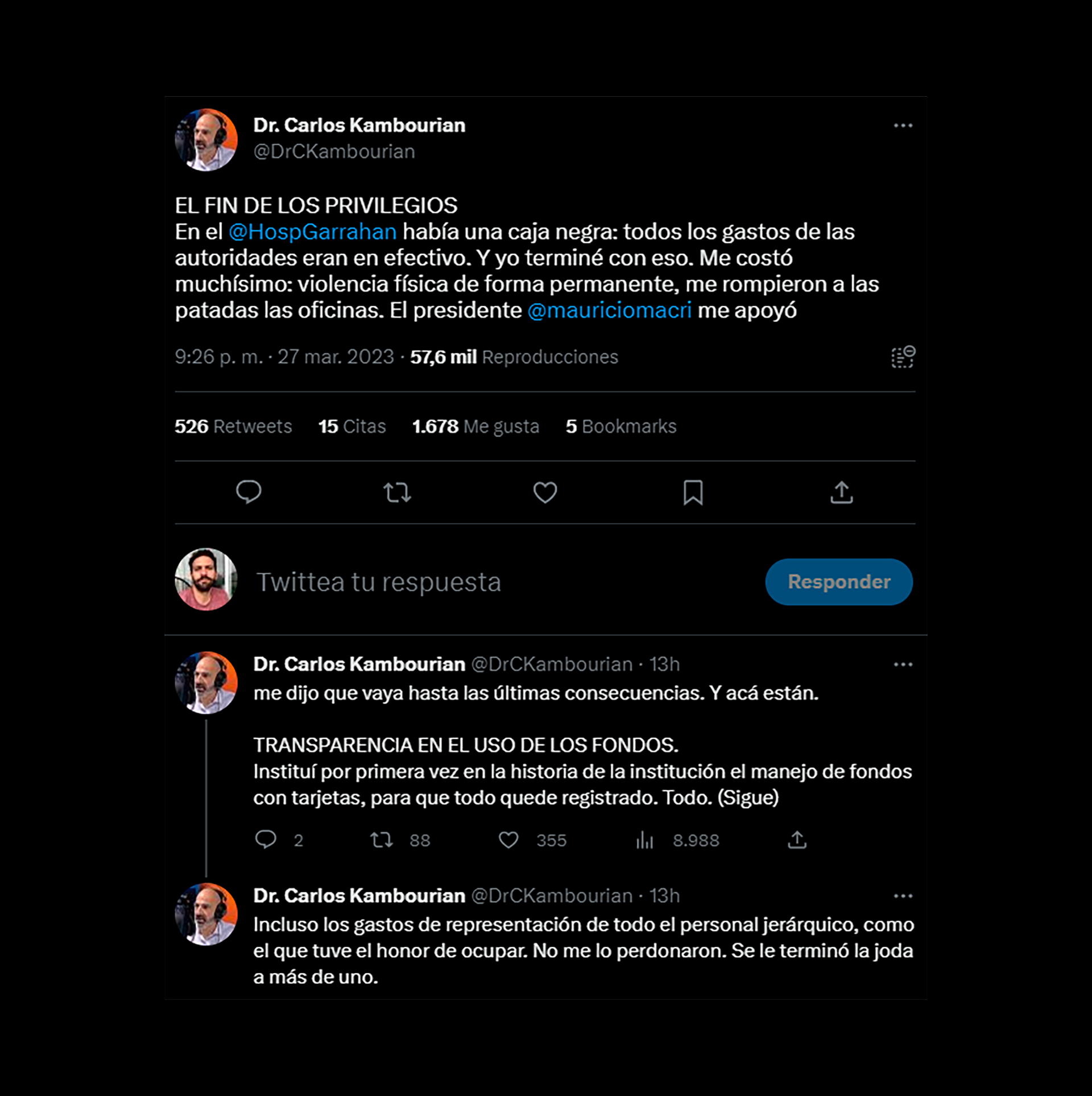 El hilo de tuits de Carlos Kambourian en relación a los fondos del Hospital Garrahan