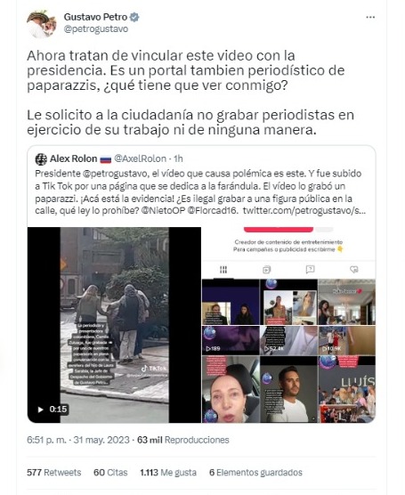 En otro de los mensajes publicados en su cuenta de Twitter, el presidente Gustavo Petro le respondió a sus críticos por las denuncias hechas por la periodista Camila Zuluaga.