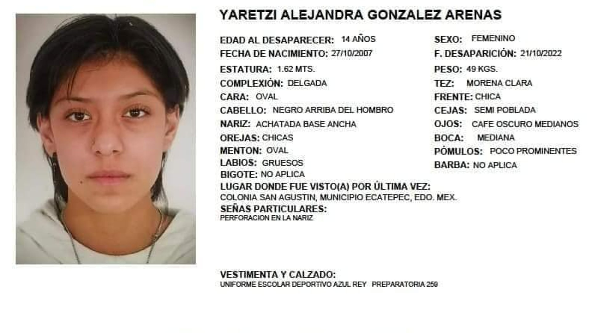 Yaretzi Alejandra González Arenas desaparecida Ecatepec (Foto: Especial)