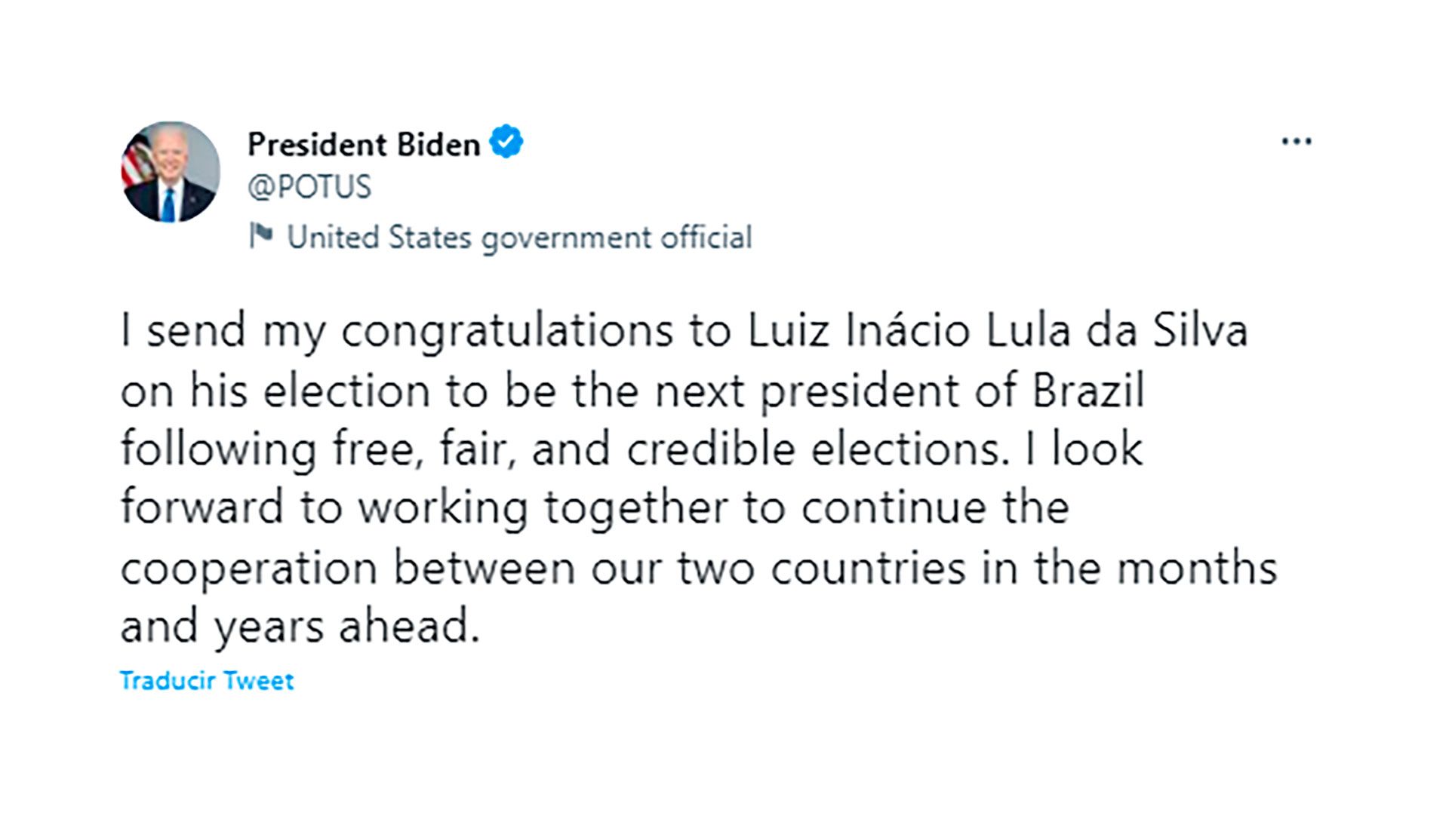 El tuit de Joe Biden tras conocerse los resultados de las elecciones en Brasil