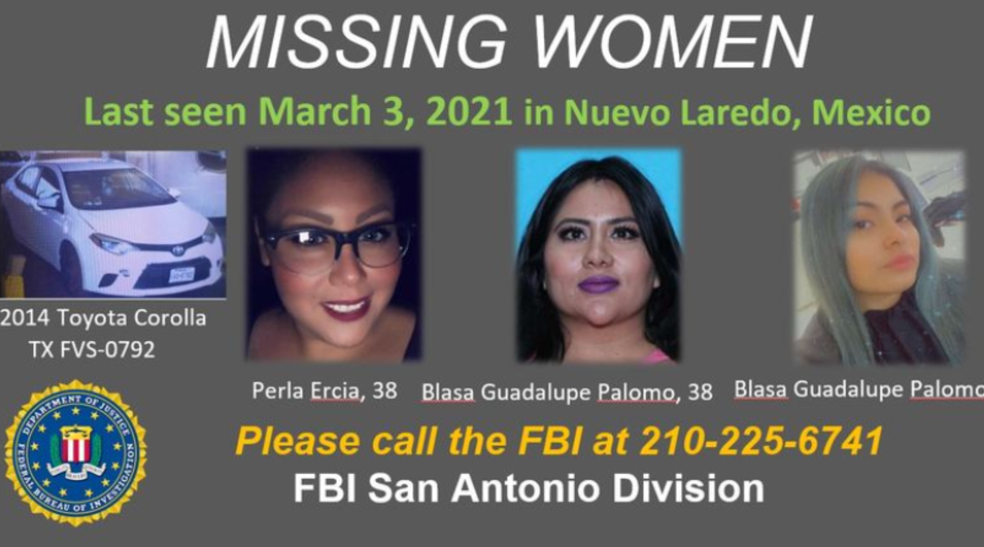 Blasa Guadalupe Palomo, su hija Blasa Guadalupe “Lupita” Palomo y Perla Ercia fueron vistas por última vez en Nuevo Laredo. (FBI)