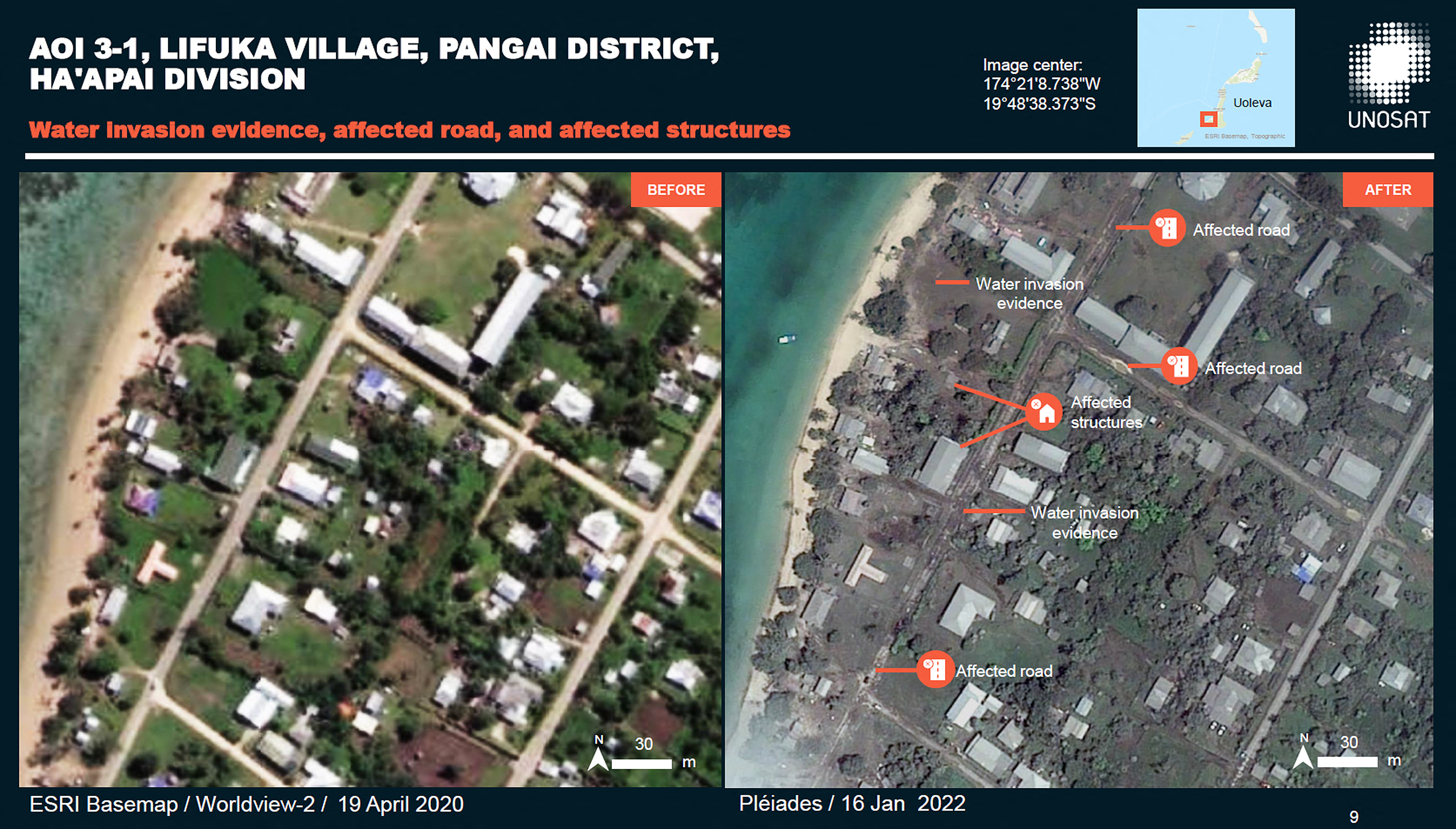 Los daños en la aldea de Lifuka, en el distrito de Pangai. Allí hay evidencia de inundaciones y daños a las rutas y edificios, y evidencia de lugares que han sido arrasados por el paso del agua (marcas rojas) (AFP/ UNITAR / CNES/AIRBUS DS / ESRI BASEMAP)