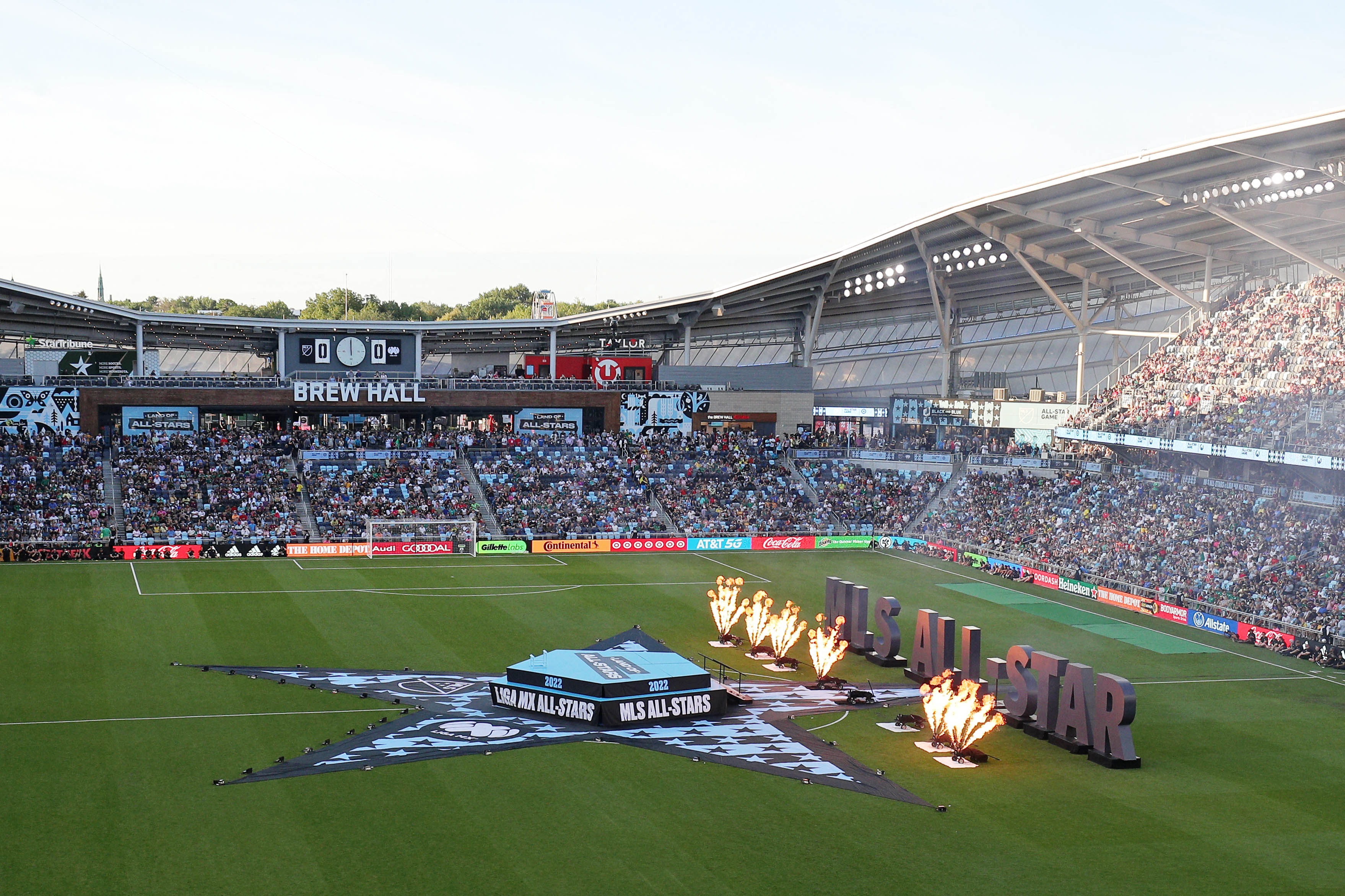 Aug 10, 2022; Saint Paul, MN, USA; A general view of pregame activities before the 2022 MLS All-Star Game at Allianz Field. Mandatory Credit: Matt Krohn-USA TODAY Sports