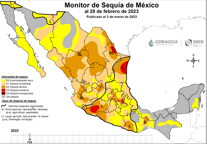 De acuerdo con la última actualización del Monitor de Sequía de México, emitido por el Servicio Meteorológico Nacional, actualmente hay sequía extrema en Tamaulipas, Nuevo León, Michoacán e Hidalgo. Pero Tamaulipas es la entidad que más sufre la falta de agua: 84% de su territorio se encuentra en sequía (MSM)