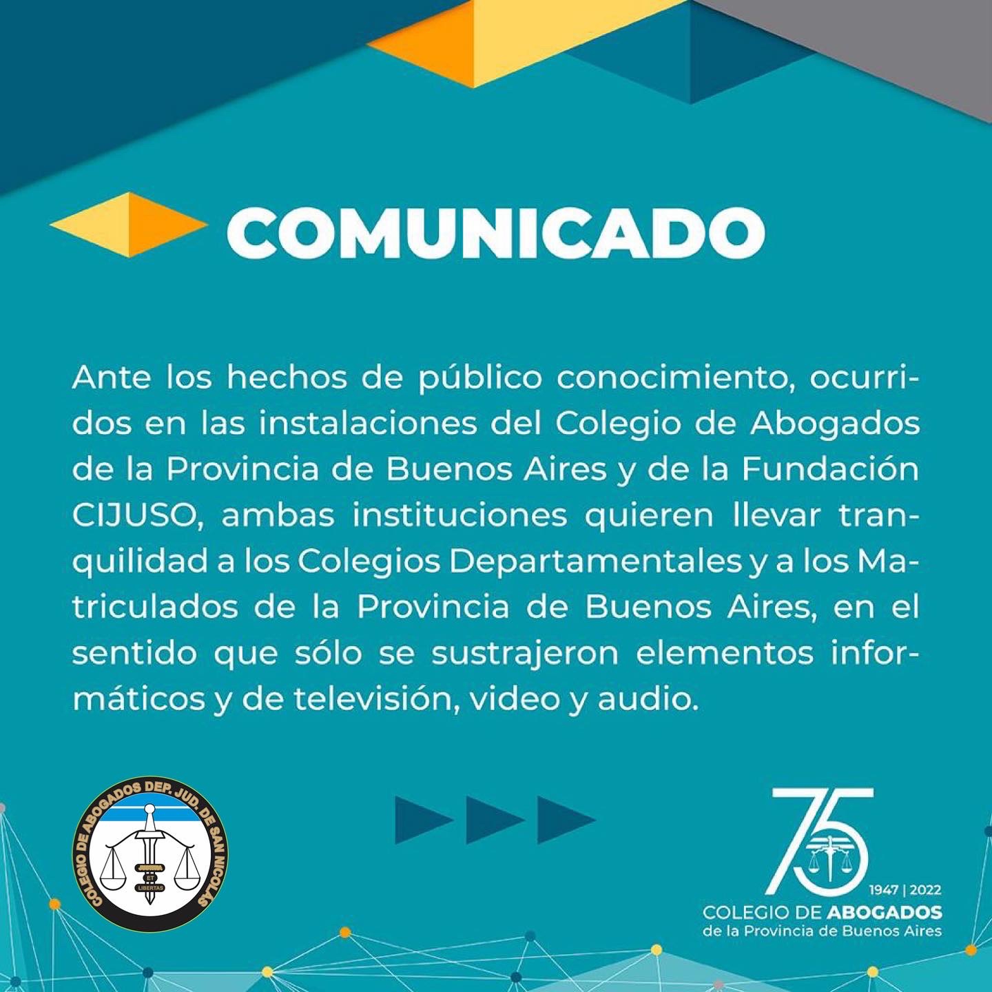 Parte del comunicado del Colegio de Abogados de la provincia de Buenos Aires
