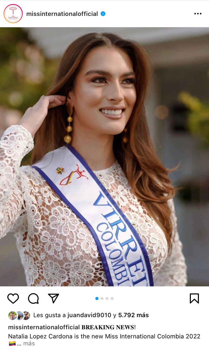 Natalia López Cardona, Virreina de Colombia, es confirmada por el certamen Miss International como la representante del país. Tomada de Instagram @missinternationalofficial