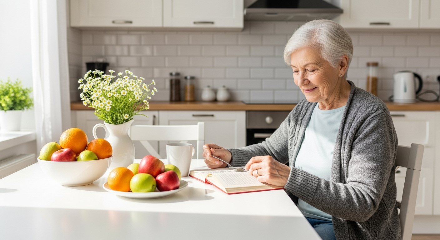 Older adult reading at a kitchen table