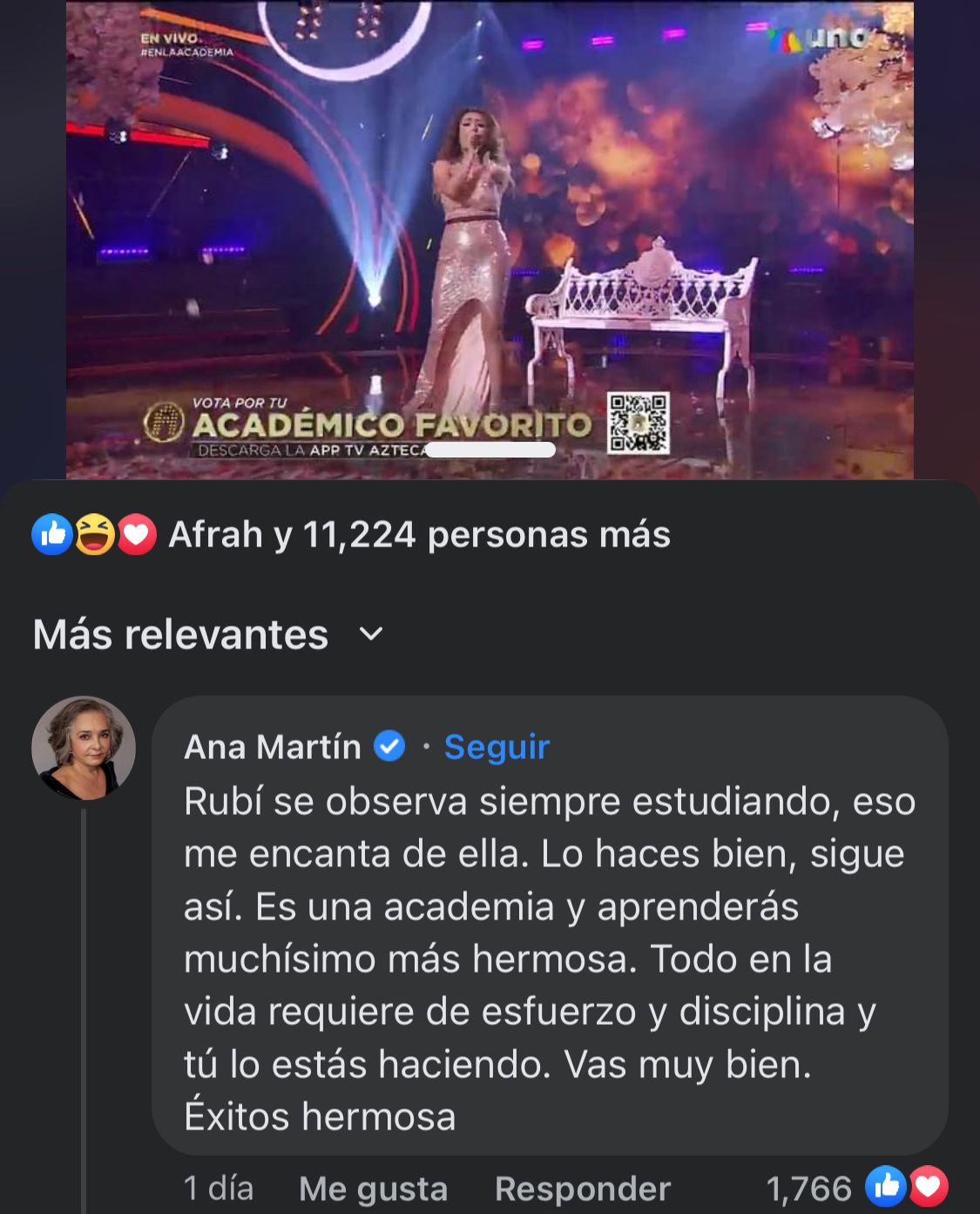 El mensaje de Ana Martín fue ovacionado por los fans de "La Academia"
(Foto: Captura de Facebook)