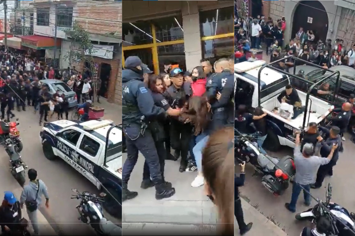 Así exhibieron a elementos policiales de Tultepec confrontándose con estudiantes de una preparatoria