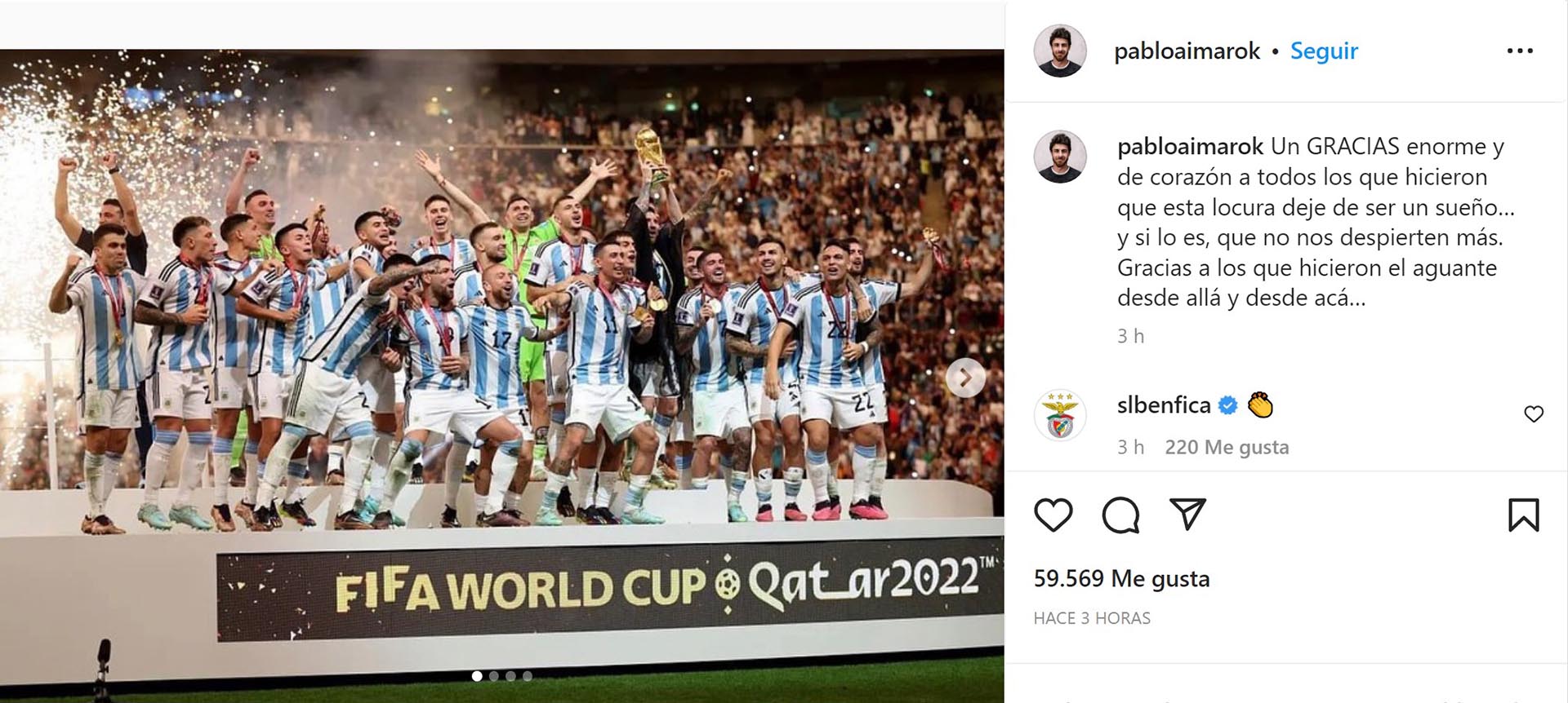El posteo de Pablo Aimar y la foto principal que eligió: una de los futbolistas celebrando la corona