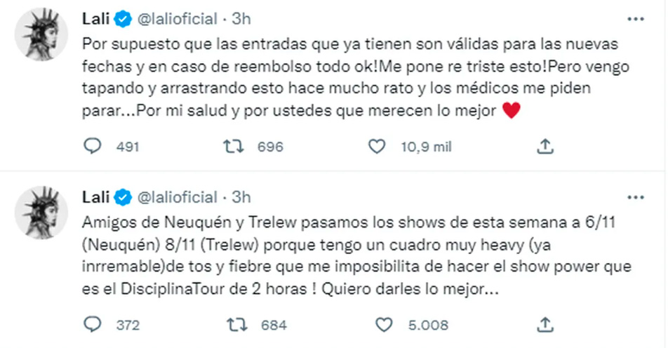 Los tweets de Lali Espósito para dar los motivos que la llevaron a reprogramar sus shows (Foto: Twitter)