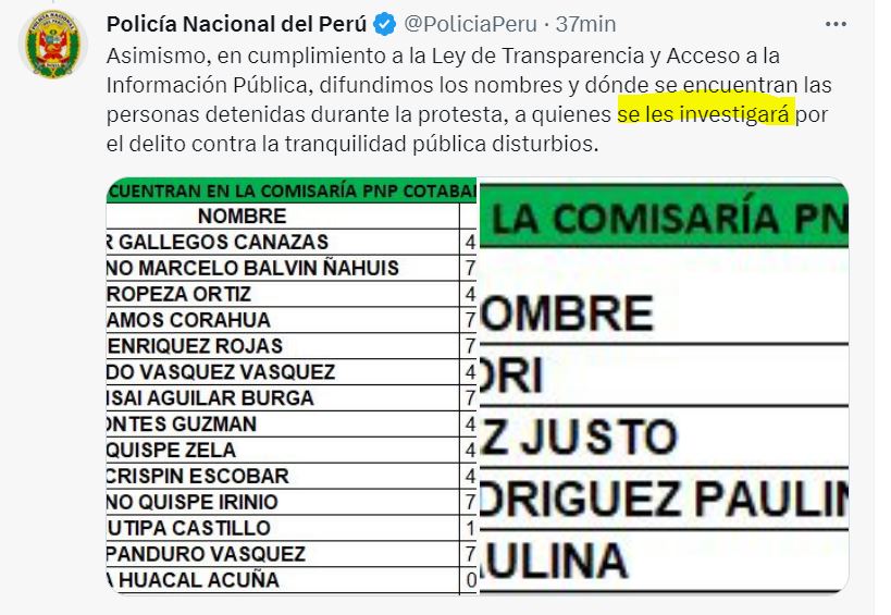 PNP volvió a postear pero esta vez corrigieron la atribución de "tipificar" por "investigar" a los intervenidos.