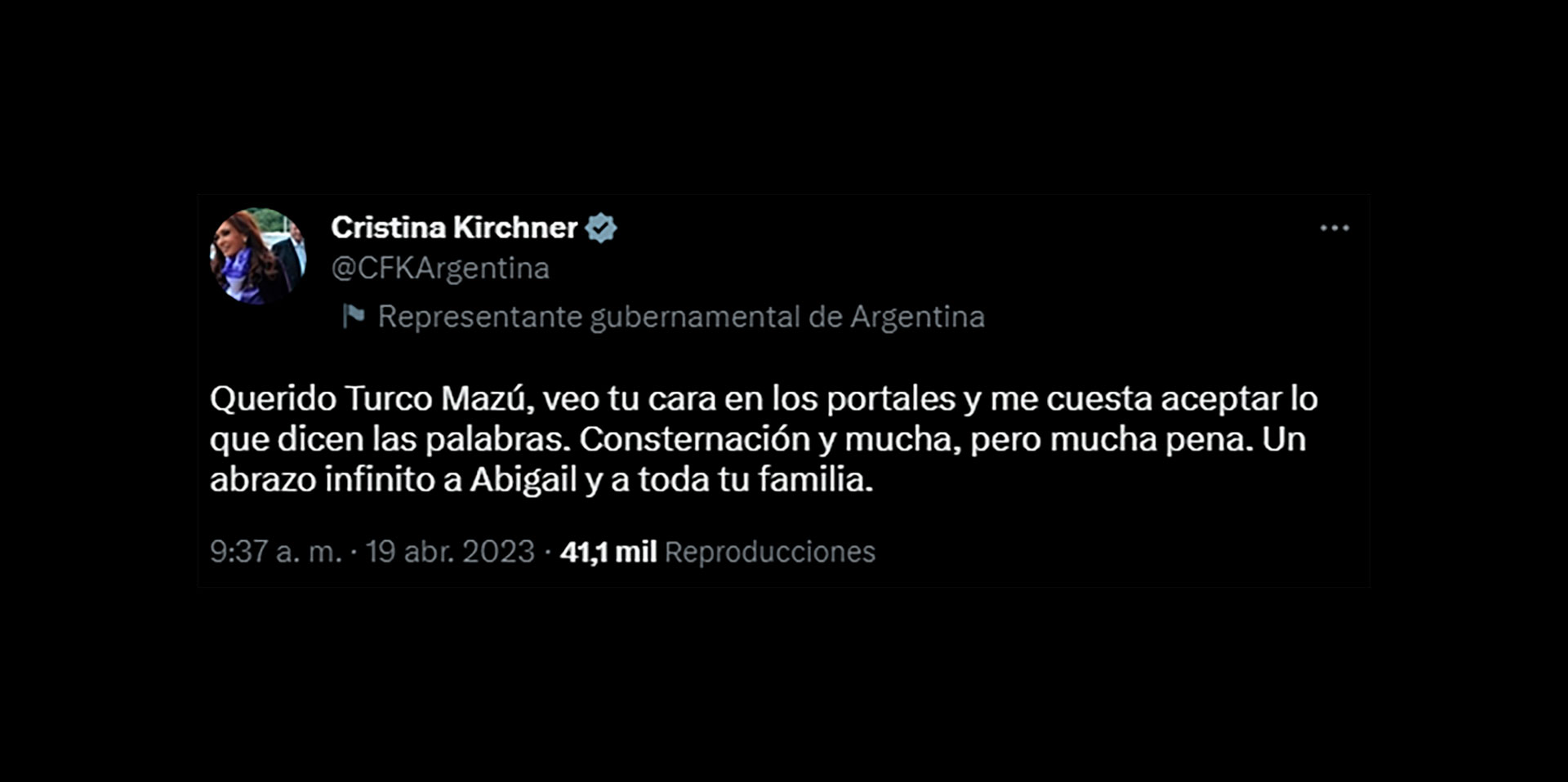 El mensaje de CFK por la muerte de Matías Mazú