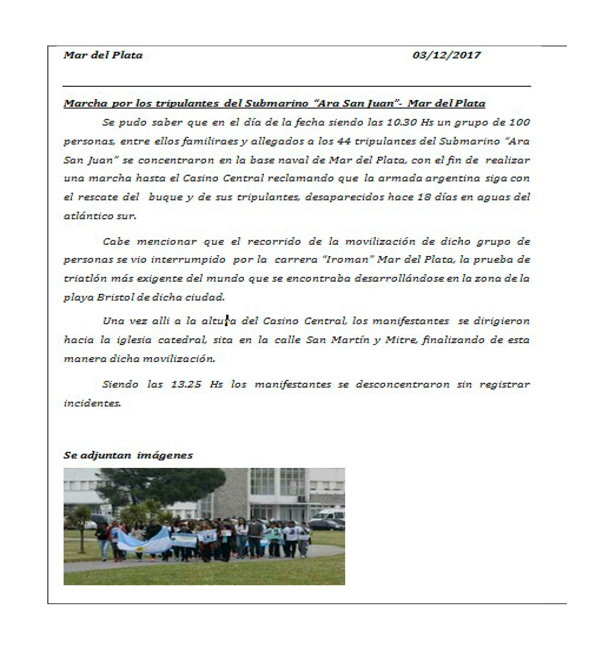 La foto y el informe de la marcha de familiares de víctimas del ARA San Juan.