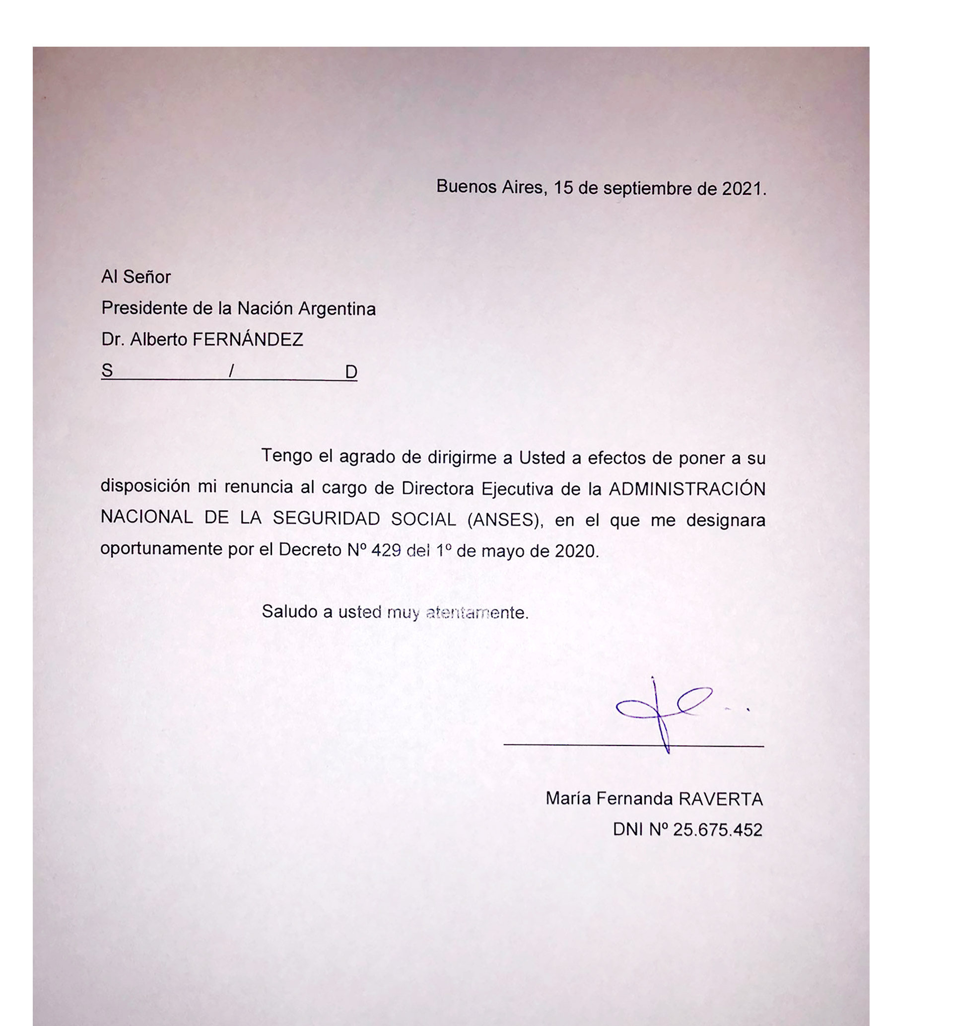 La carta que el envió al Presidente la titular del PAMI, Fernanda Raverta 