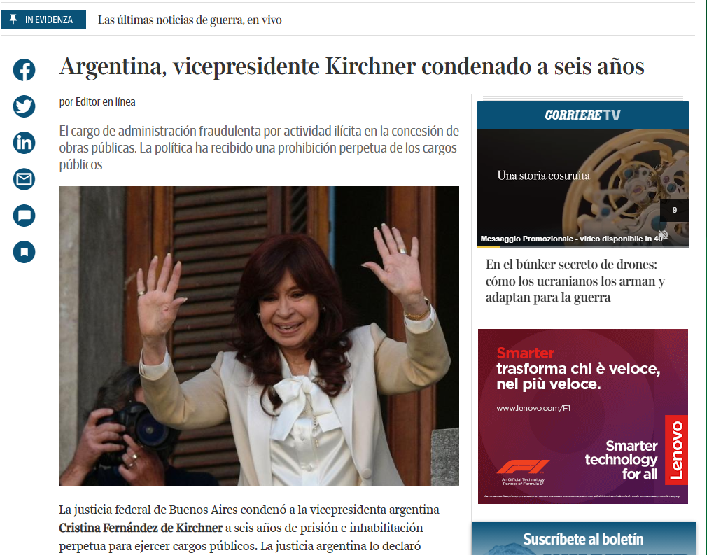 La nota de Corriere della Sera ante la condena a la Vicepresidenta argentina
