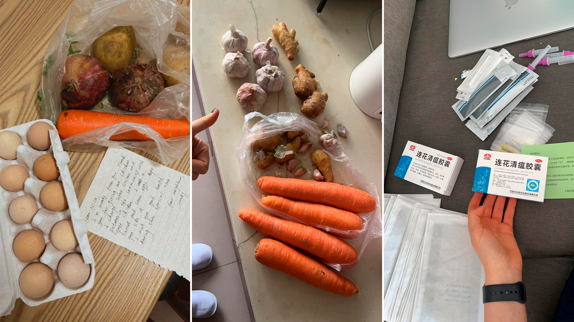 La bolsa de alimentos que le entregó el gobierno chino, la bolsa de medicamentos, test y barbijos de las autoridades sanitarias y los regalos de sus vecinos