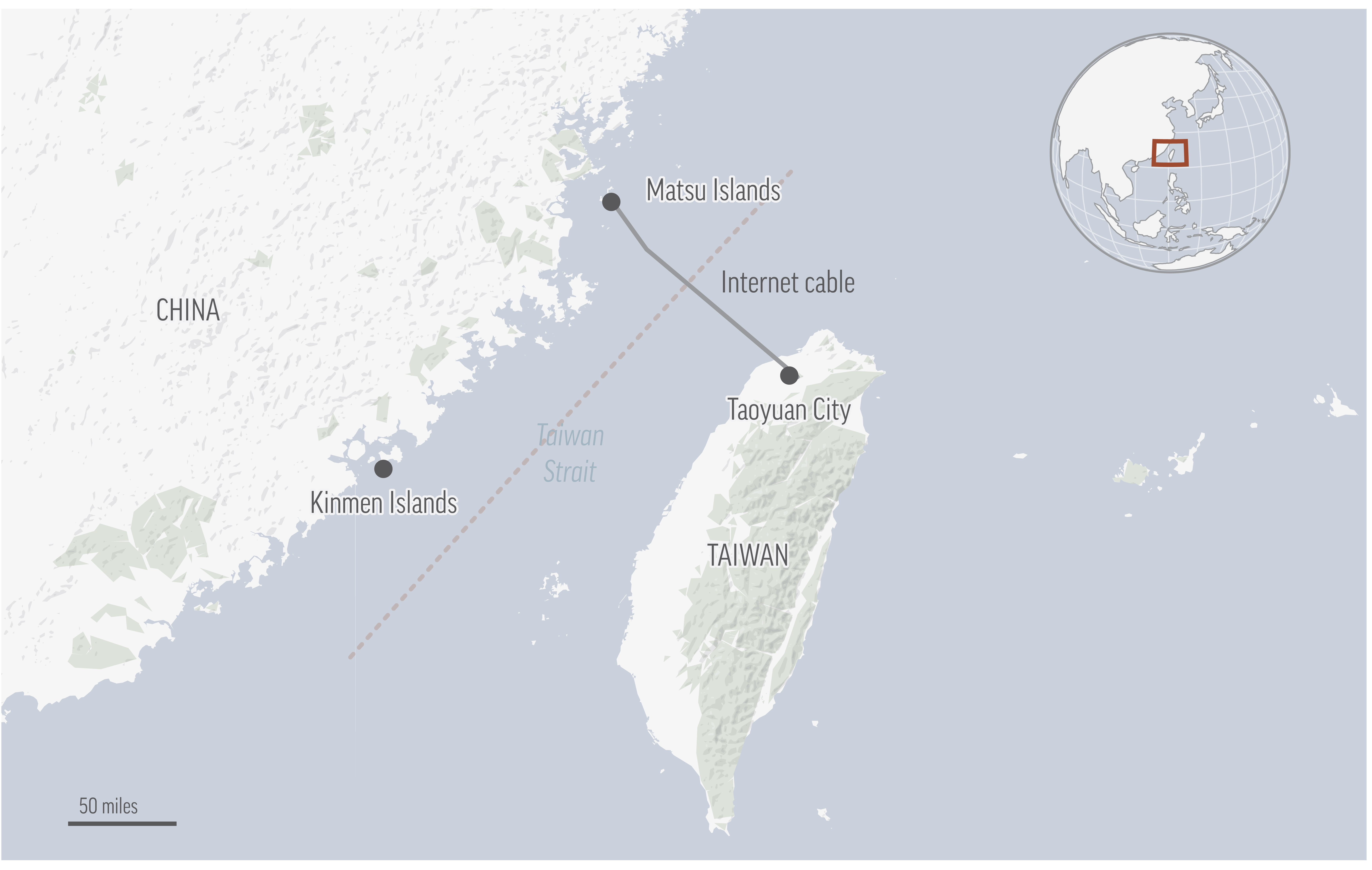 Chunghwa Telecom, el mayor proveedor de servicios de Taiwán y propietario de los dos cables submarinos, afirma que buques chinos cortaron los cables que dan servicio a las islas Matsu.