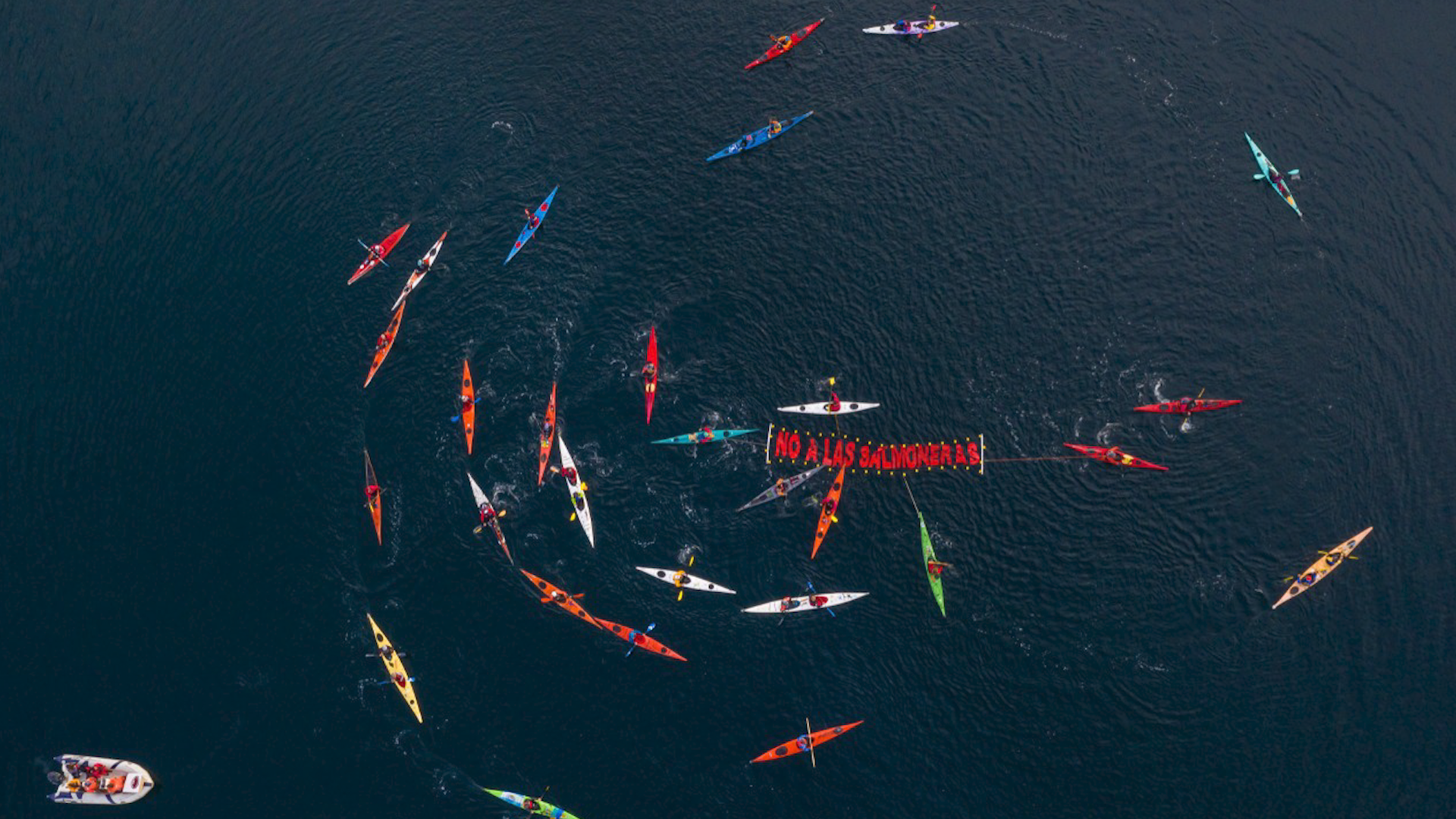 Argentinos y chilenos se reunieron a bordo de sus kayaks en el canal Beagle para manifestar su apoyo a la sanción del proyecto de ley que pretende prohibir la salmonicultura en la provincia de Tierra del Fuego. También se reclamó el fin de la industria salmonera en los canales, fiordos y ecosistemas frágiles de Chile.


