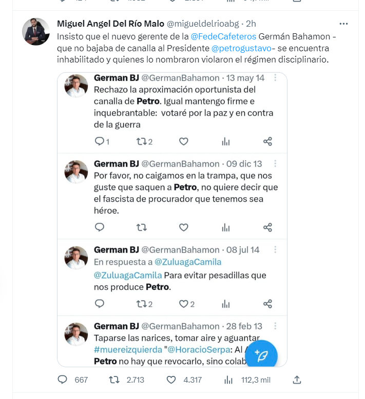 Tuit del abogado Miguel Ángel del Río sobre Germán Bahamón Jaramillo.