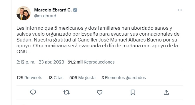 Marcelo Ebrard confirmó el rescate de 5 mexicanos de Sudán (Twitter/ @m_ebrard)