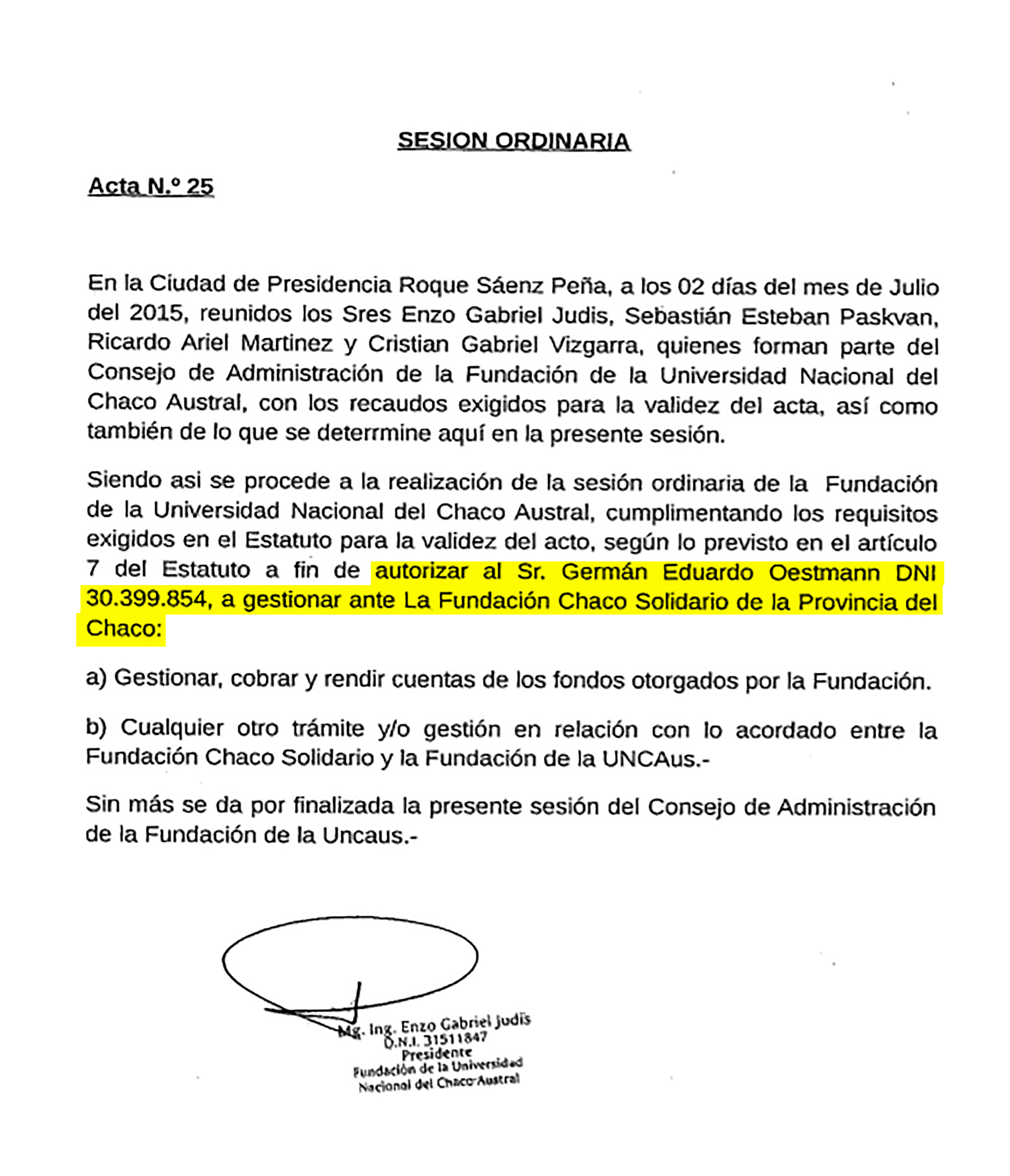 Acta de julio del 2015 por la cual la Fundación de la UNCAUS le otorgaba a Oestmann facultades para gestionar fondos ante la Fundación Chaco Solidario