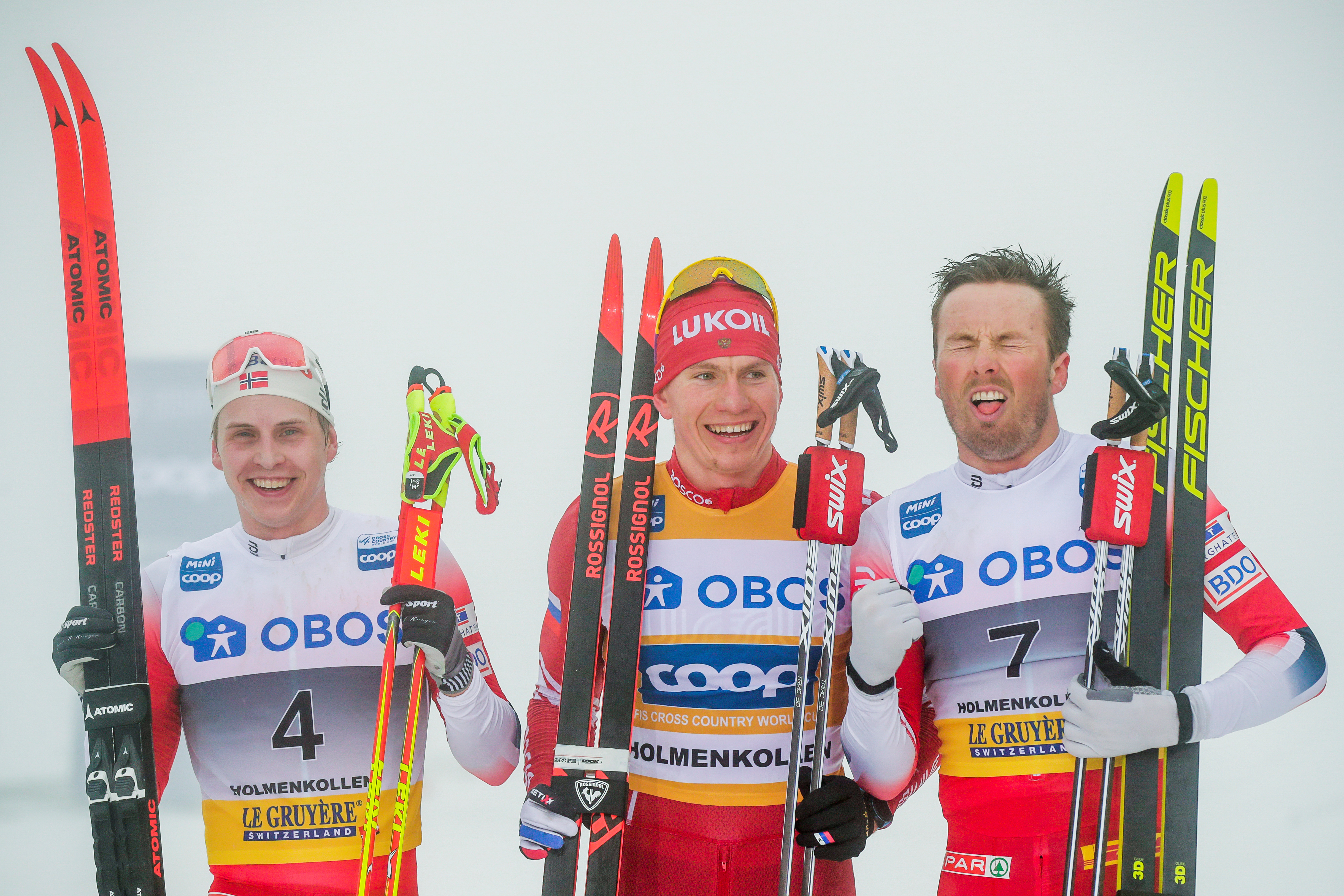 Cross Country Skiing - FIS Cross-Country World Cup - Men's 50 km Mass Start - Oslo, Norway - March 8, 2020. Norway's Simen Hegstad Kruger, Russia's Aleksandr Bolshunov and Norway's Emil Iversen after the final. Terje Bendiksby/NTB Scanpix/via REUTERS   ATTENTION EDITORS - THIS IMAGE WAS PROVIDED BY A THIRD PARTY. NORWAY OUT. NO COMMERCIAL OR EDITORIAL SALES IN NORWAY.