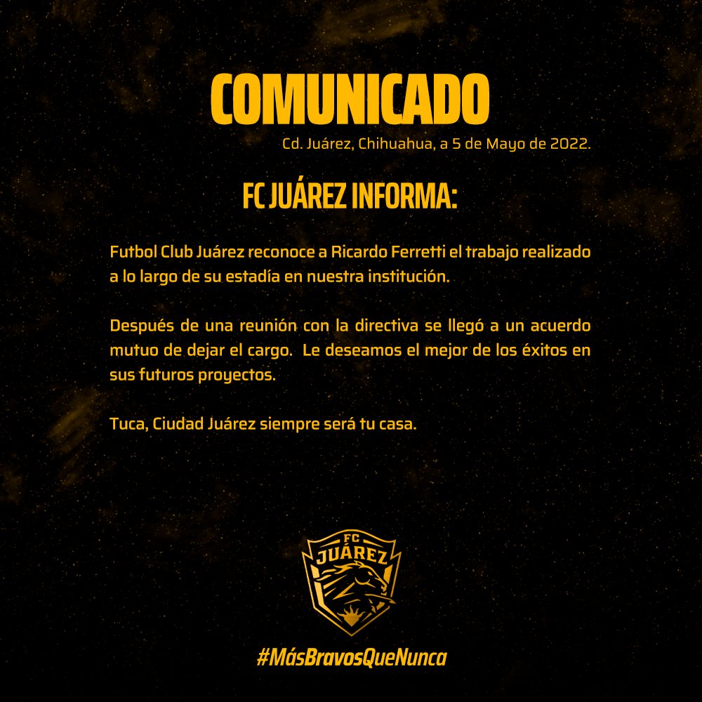 Fue la tarde del jueves 5 de mayo cuando Ricardo Tuca Ferretti renunció formalmente al equipo de Bravos (Foto: Twitter/@fcjuarezoficial)
